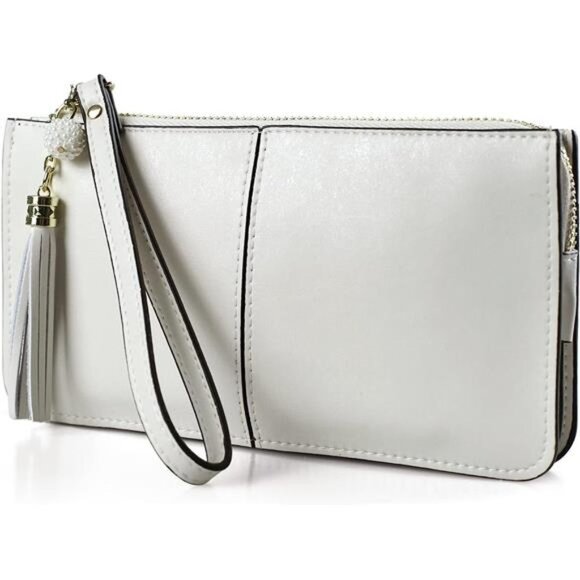 Genuine Leather Wristlet Clutch Wallet Purses for Women Ivory Bags